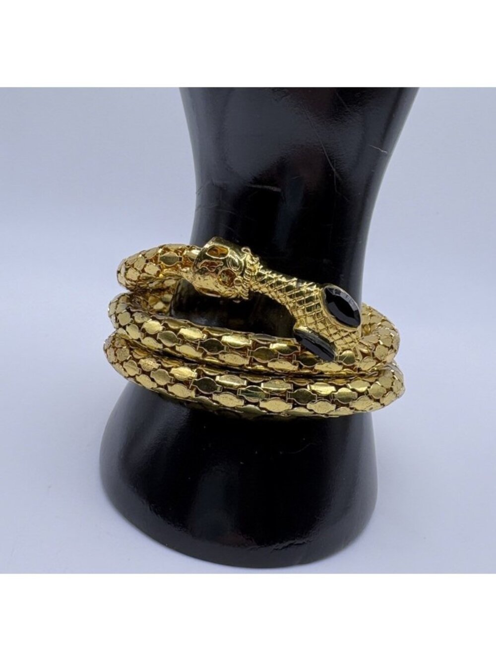 Snake Wrap Mesh Chain Bangle Gold Tone Black Eyes Bracelet READ